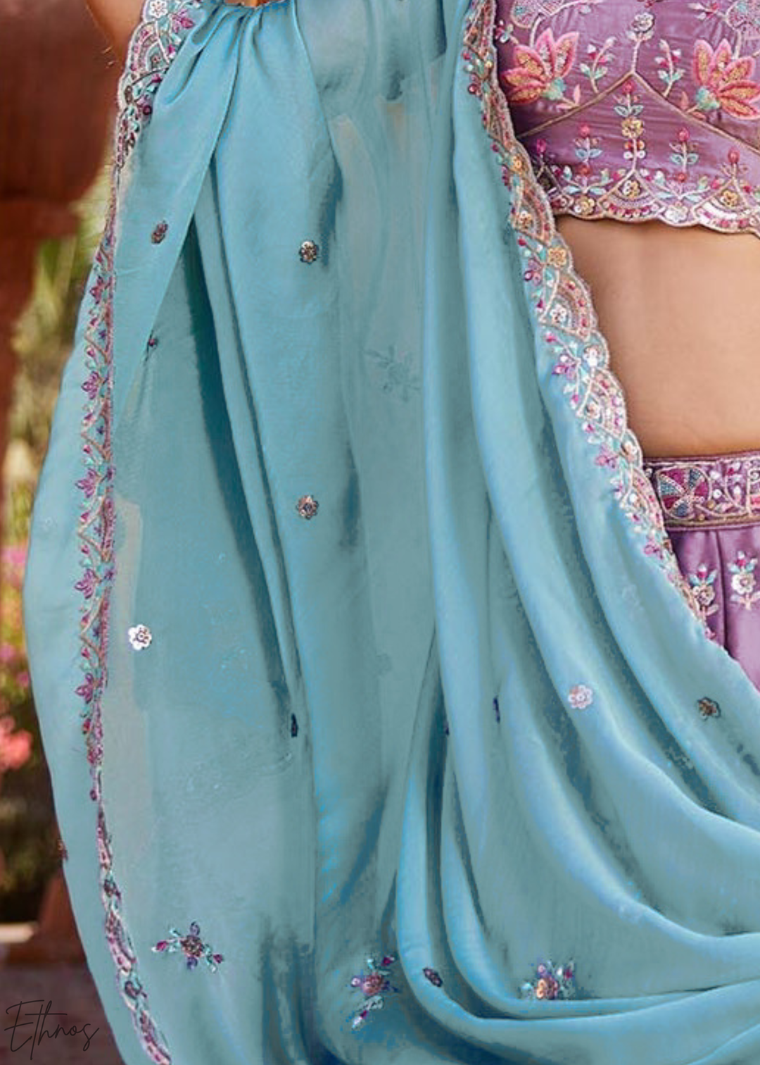 Lavender Violet Botanical-Embroidered Silk Lehenga