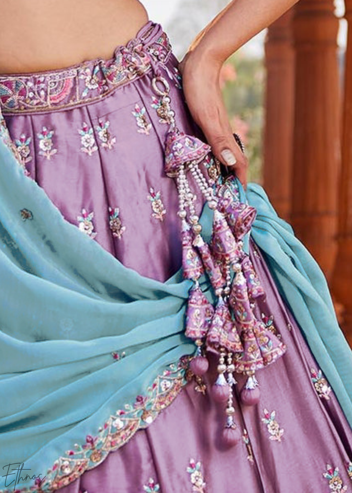 Lavender Violet Botanical-Embroidered Silk Lehenga