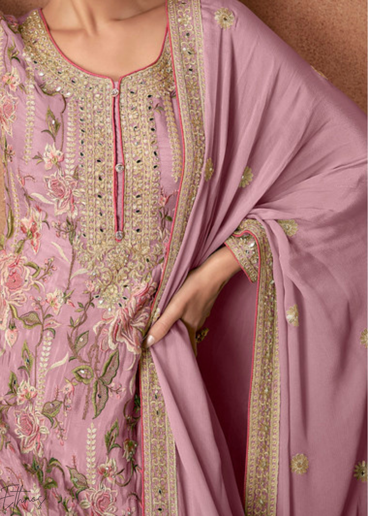 Lavender Embroidered Chinon Palazzo  Suit