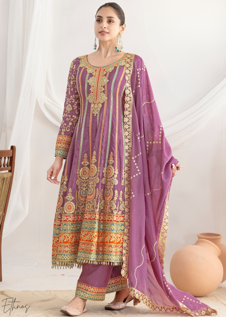 Lavender Embroidered Silk Anarkali Suit