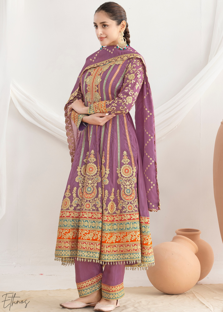 Lavender Embroidered Silk Anarkali Suit