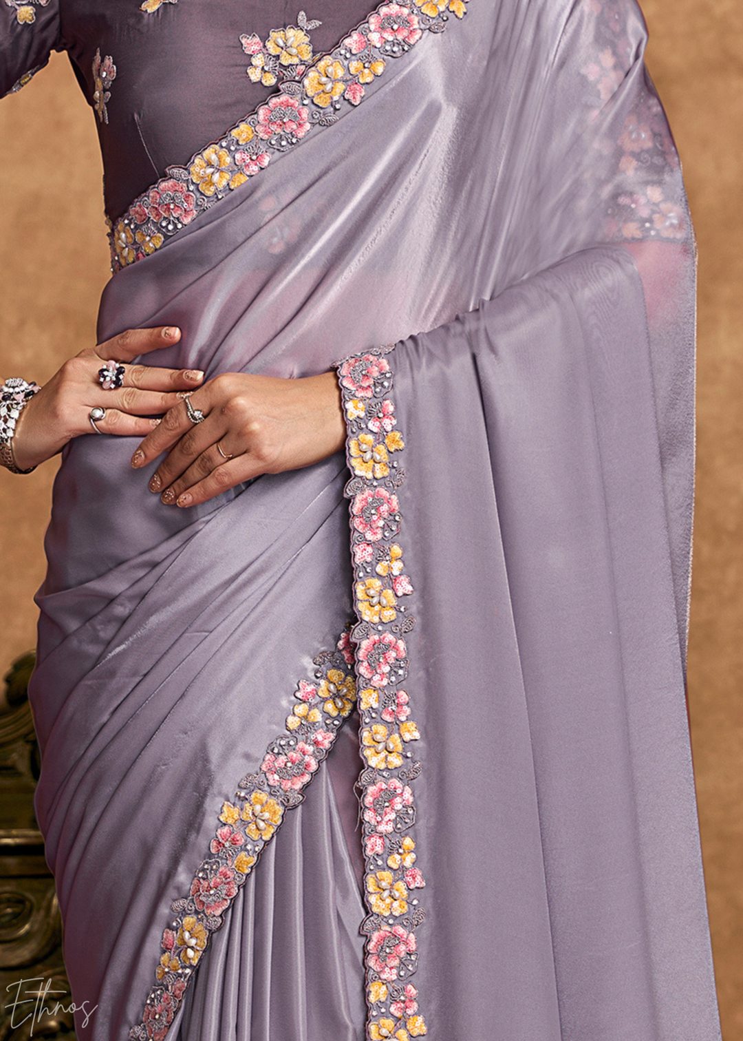 Lavender Mist Sequin Embroidered Pure Crepe Satin Saree