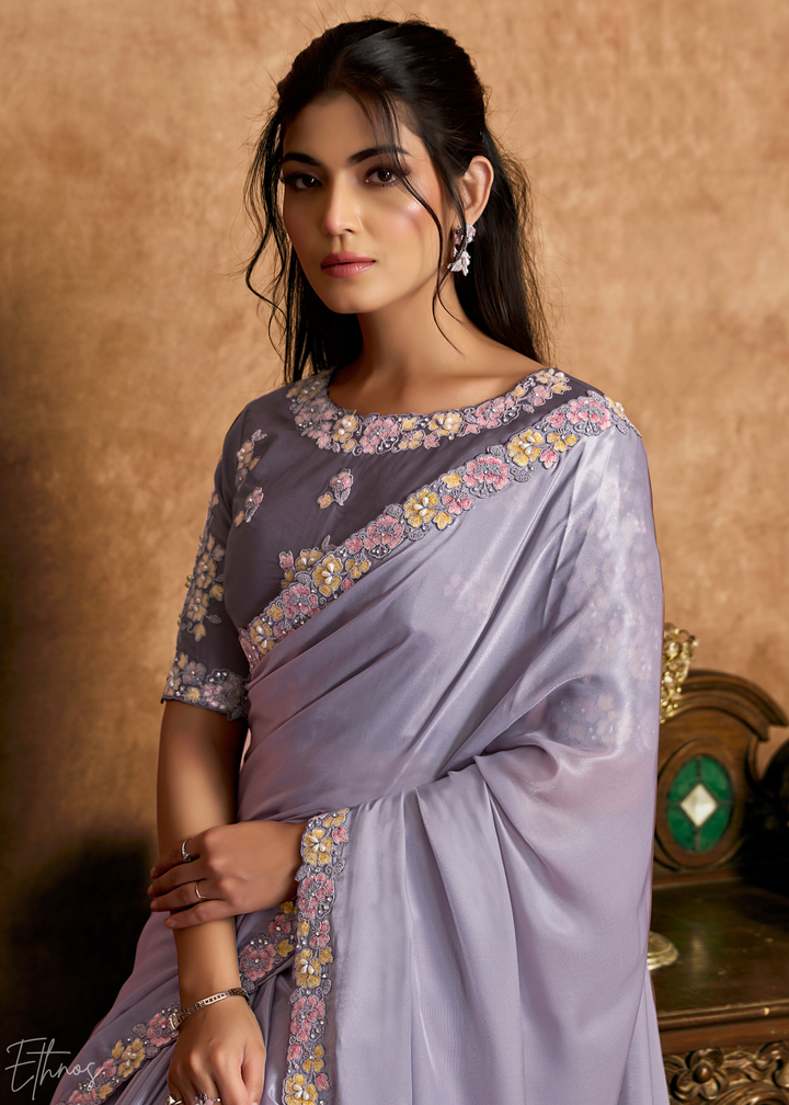 Lavender Mist Sequin Embroidered Pure Crepe Satin Saree