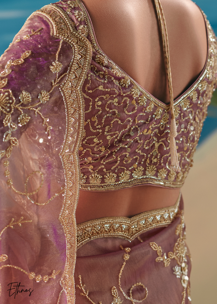 Lavender Purple Sequins Organza Saree