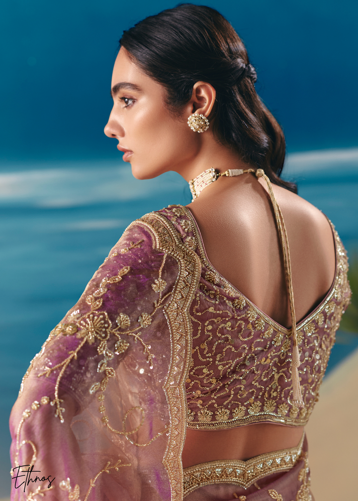 Lavender Purple Sequins Organza Saree