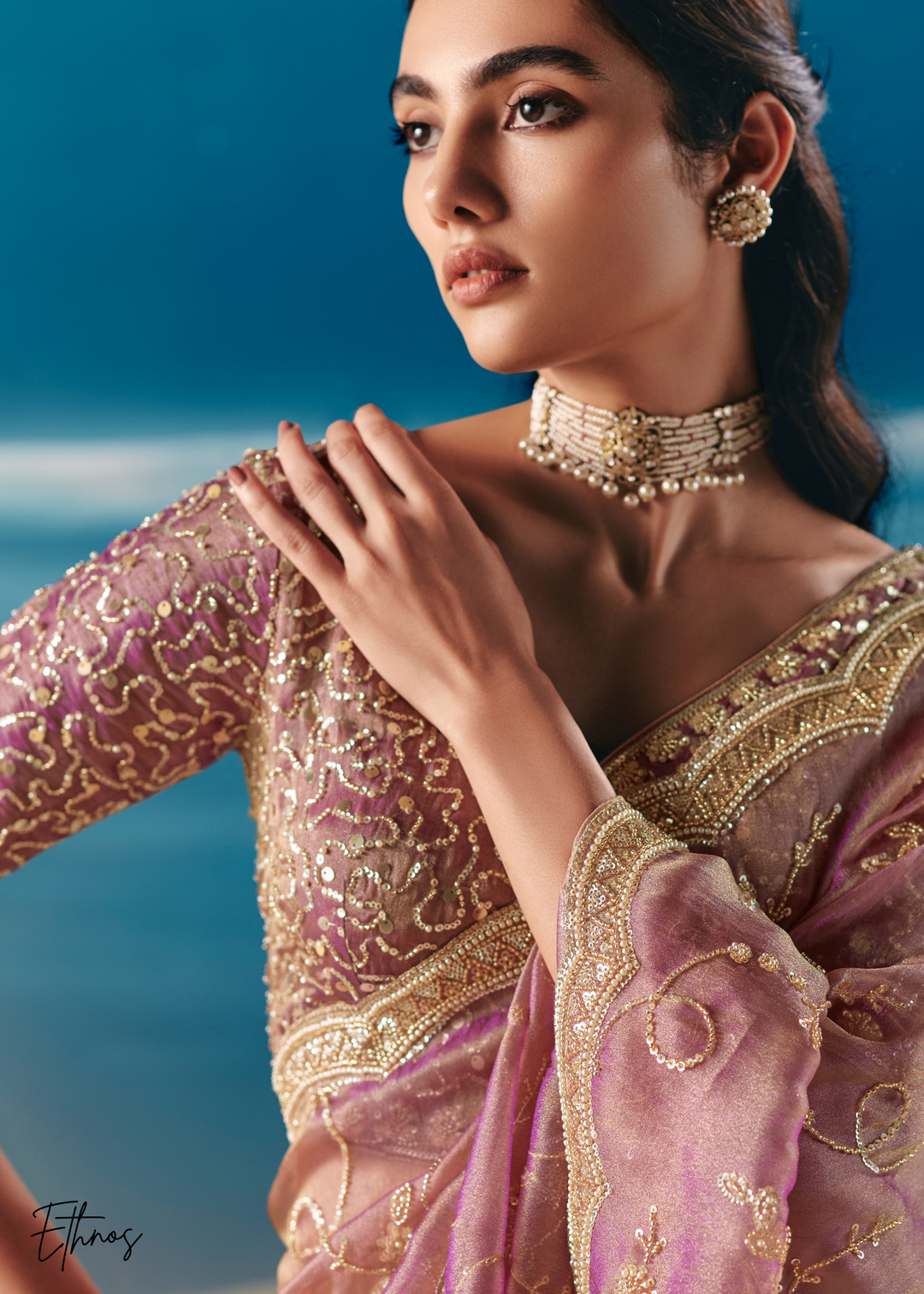 Lavender Purple Sequins Organza Saree