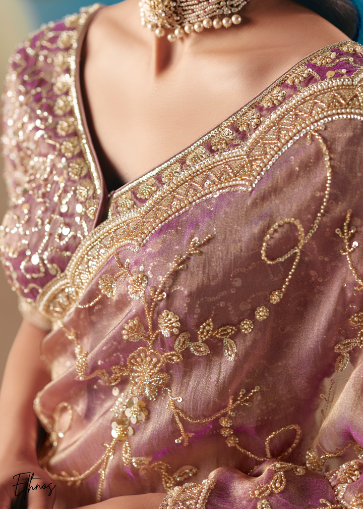 Lavender Purple Sequins Organza Saree