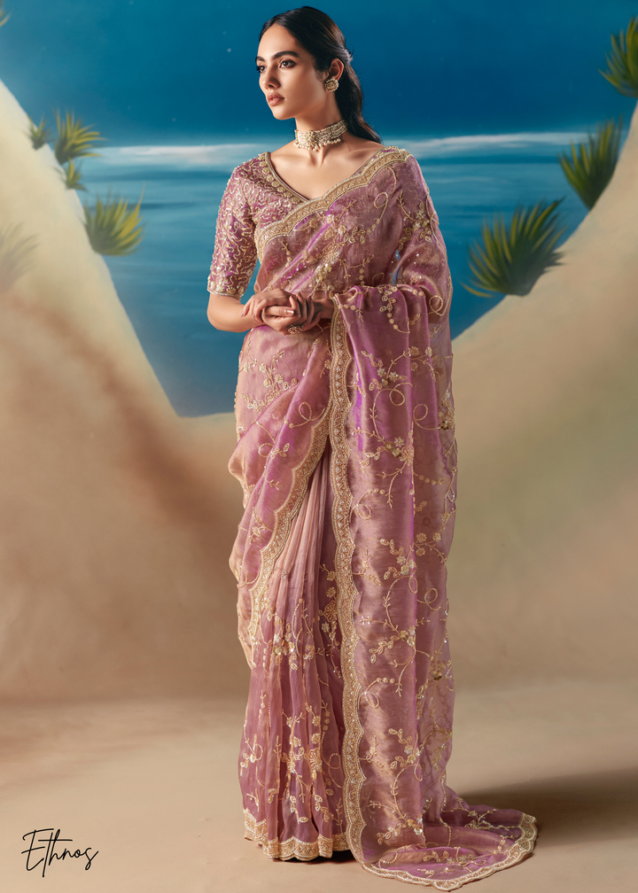 Lavender Purple Sequins Organza Saree