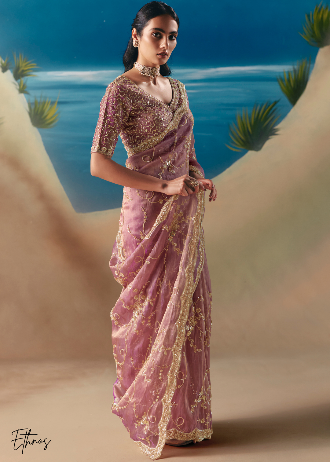 Lavender Purple Sequins Organza Saree