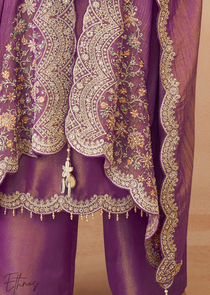 Lavender Purple Simar Silk Kaftaan Plazzo Suit