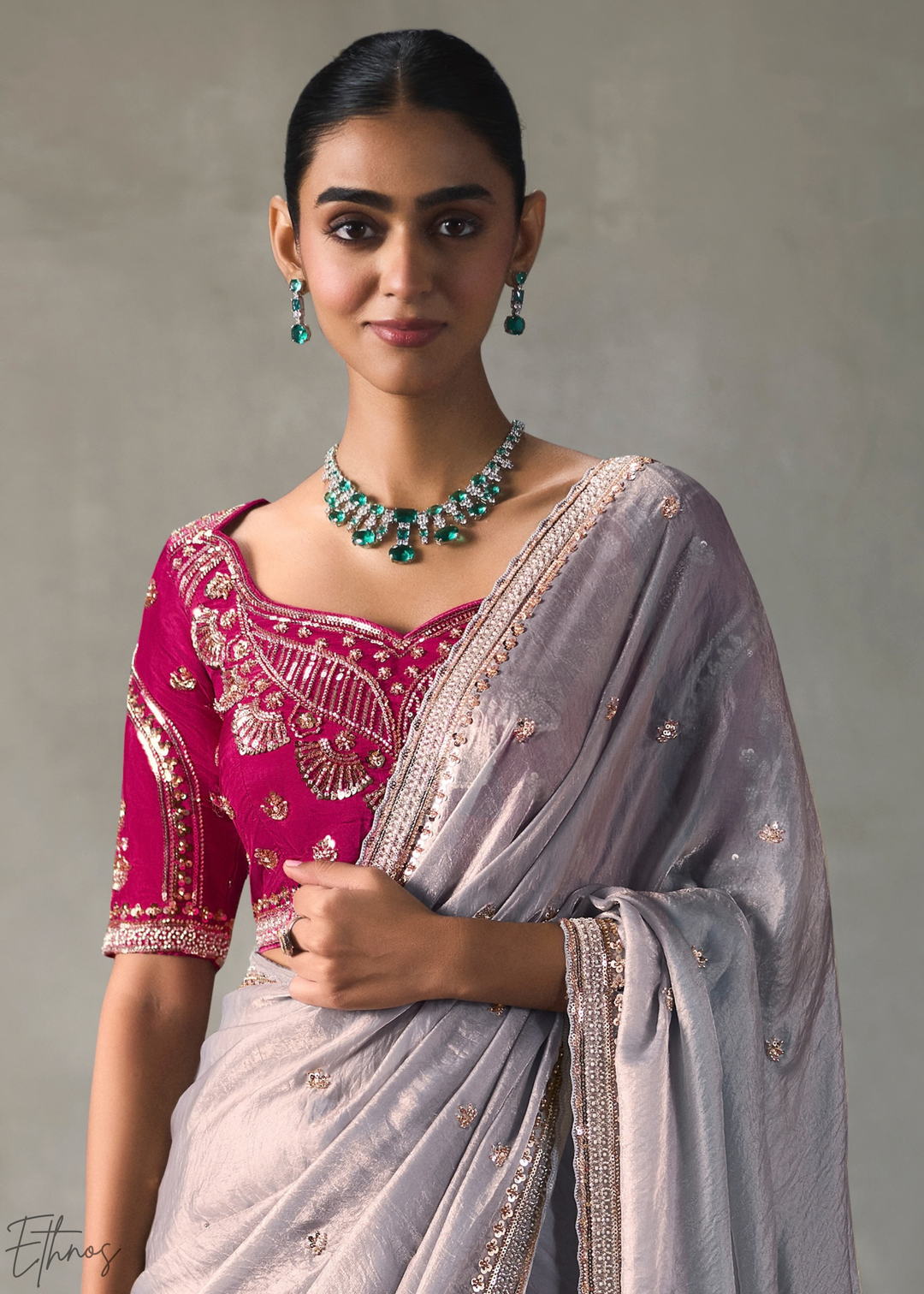 Lavender Floral Scallop Beaded Border Silk Saree