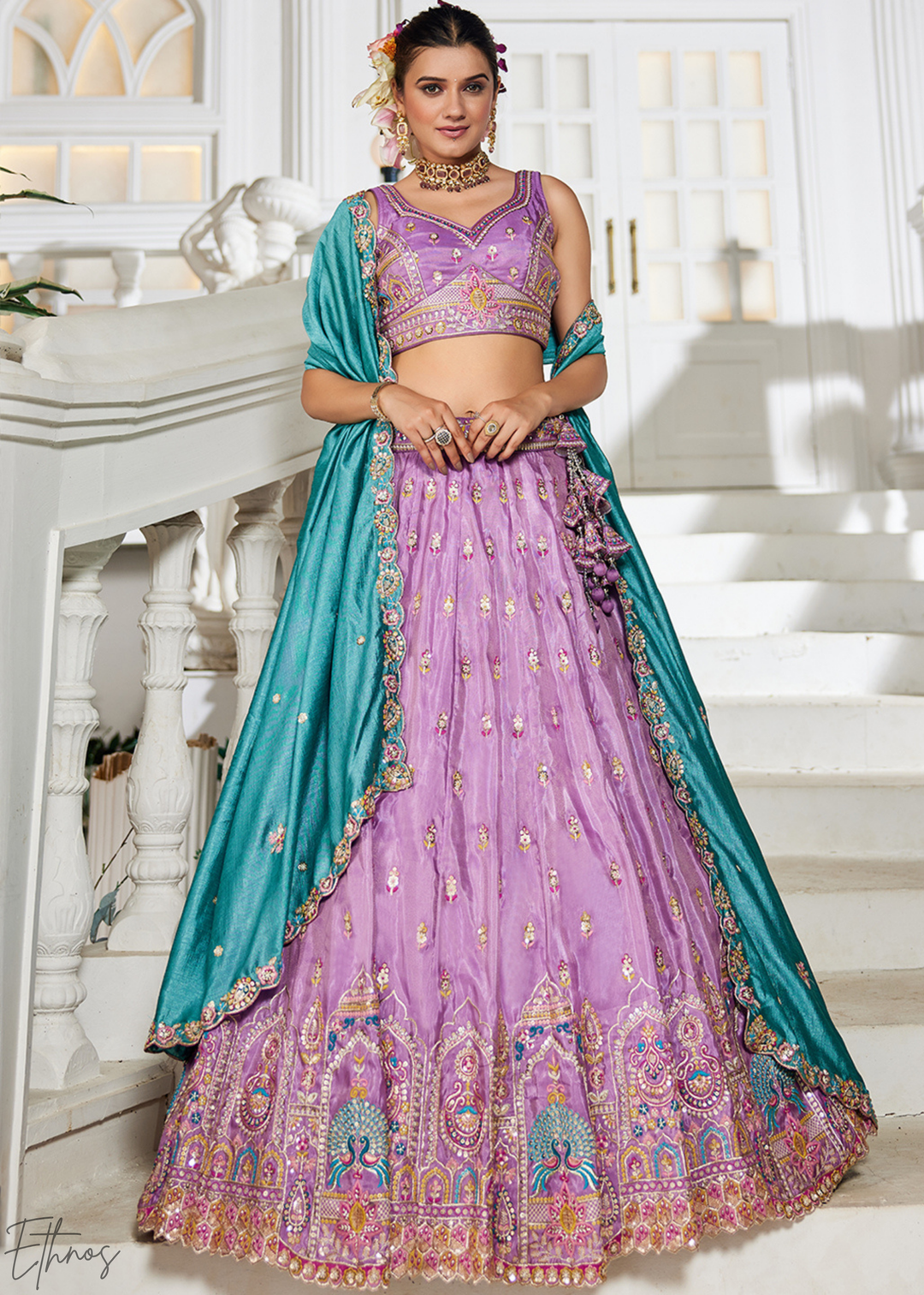 Lavender and Sky Blue Peacock Embroidered Tissue Lehenga Choli
