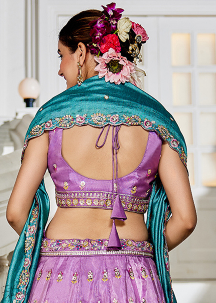 Lavender and Sky Blue Peacock Embroidered Tissue Lehenga Choli