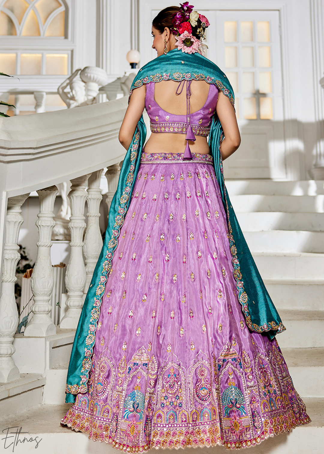 Lavender and Sky Blue Peacock Embroidered Tissue Lehenga Choli