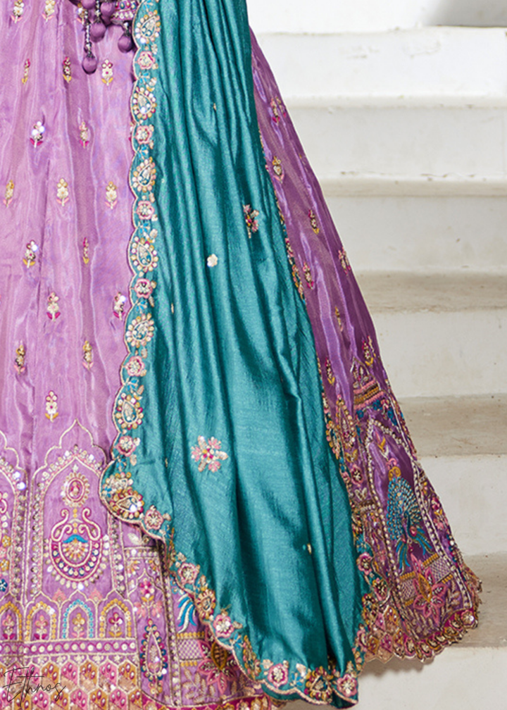 Lavender and Sky Blue Peacock Embroidered Tissue Lehenga Choli