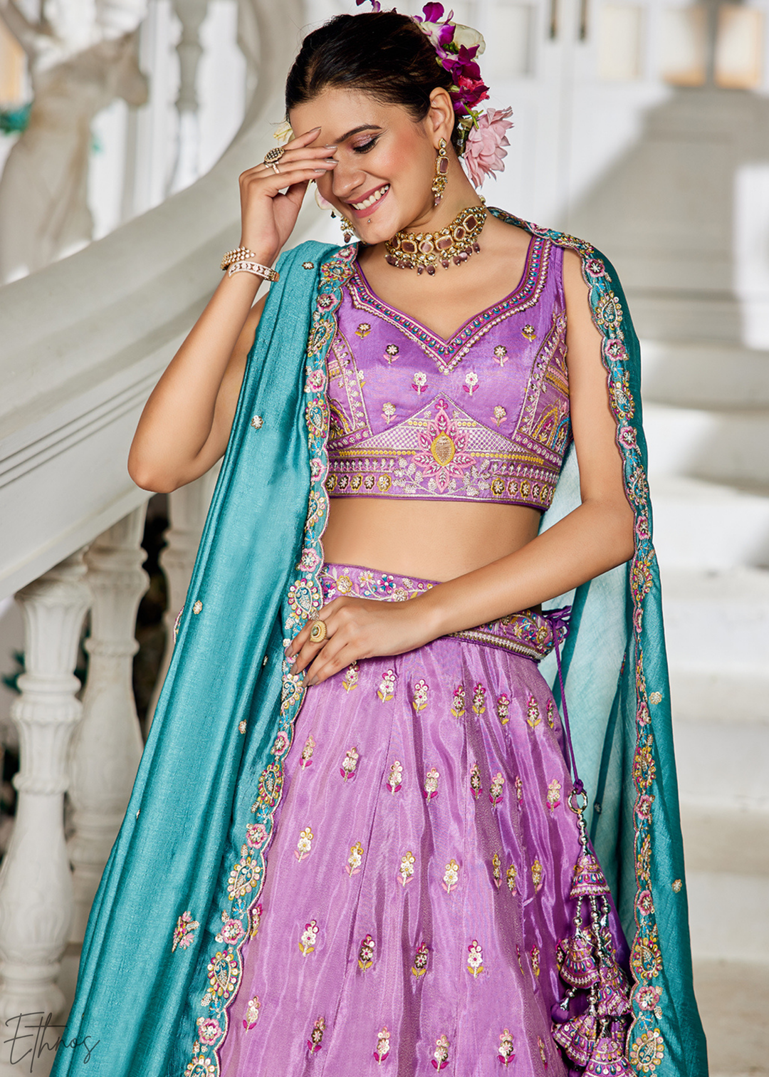 Lavender and Sky Blue Peacock Embroidered Tissue Lehenga Choli