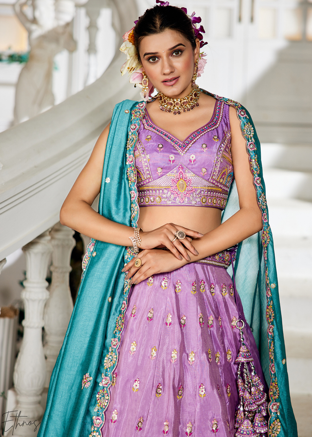 Lavender and Sky Blue Peacock Embroidered Tissue Lehenga Choli