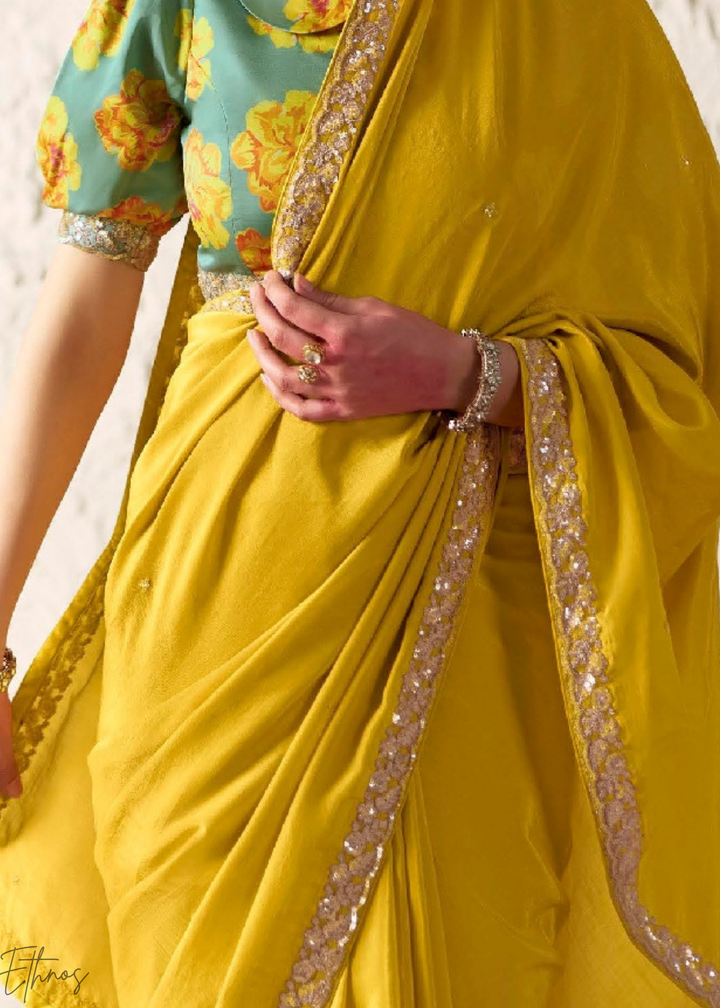 Lemon Yellow Embroidered Glass Tissue Designer Saree