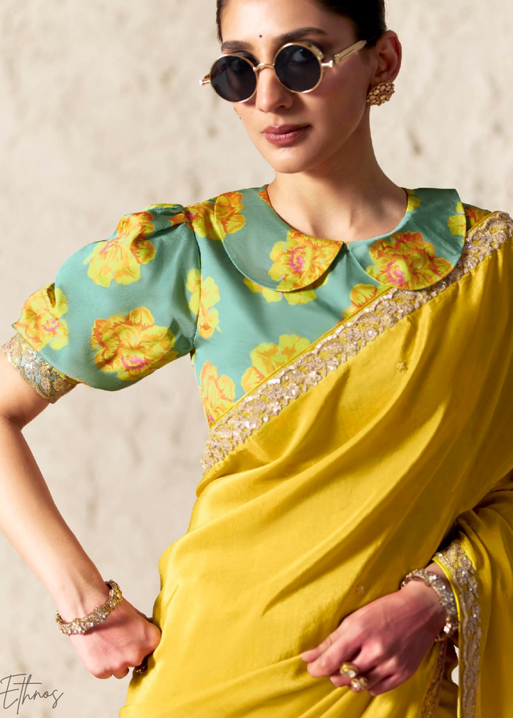 Lemon Yellow Embroidered Glass Tissue Designer Saree