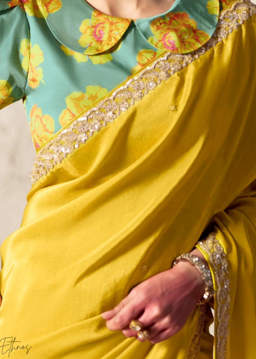 Lemon Yellow Embroidered Glass Tissue Designer Saree