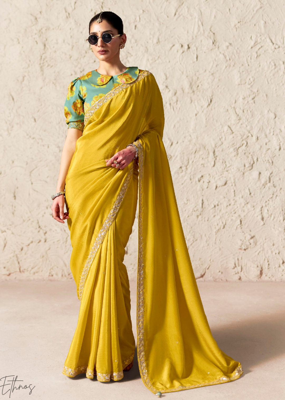 Lemon Yellow Embroidered Glass Tissue Designer Saree