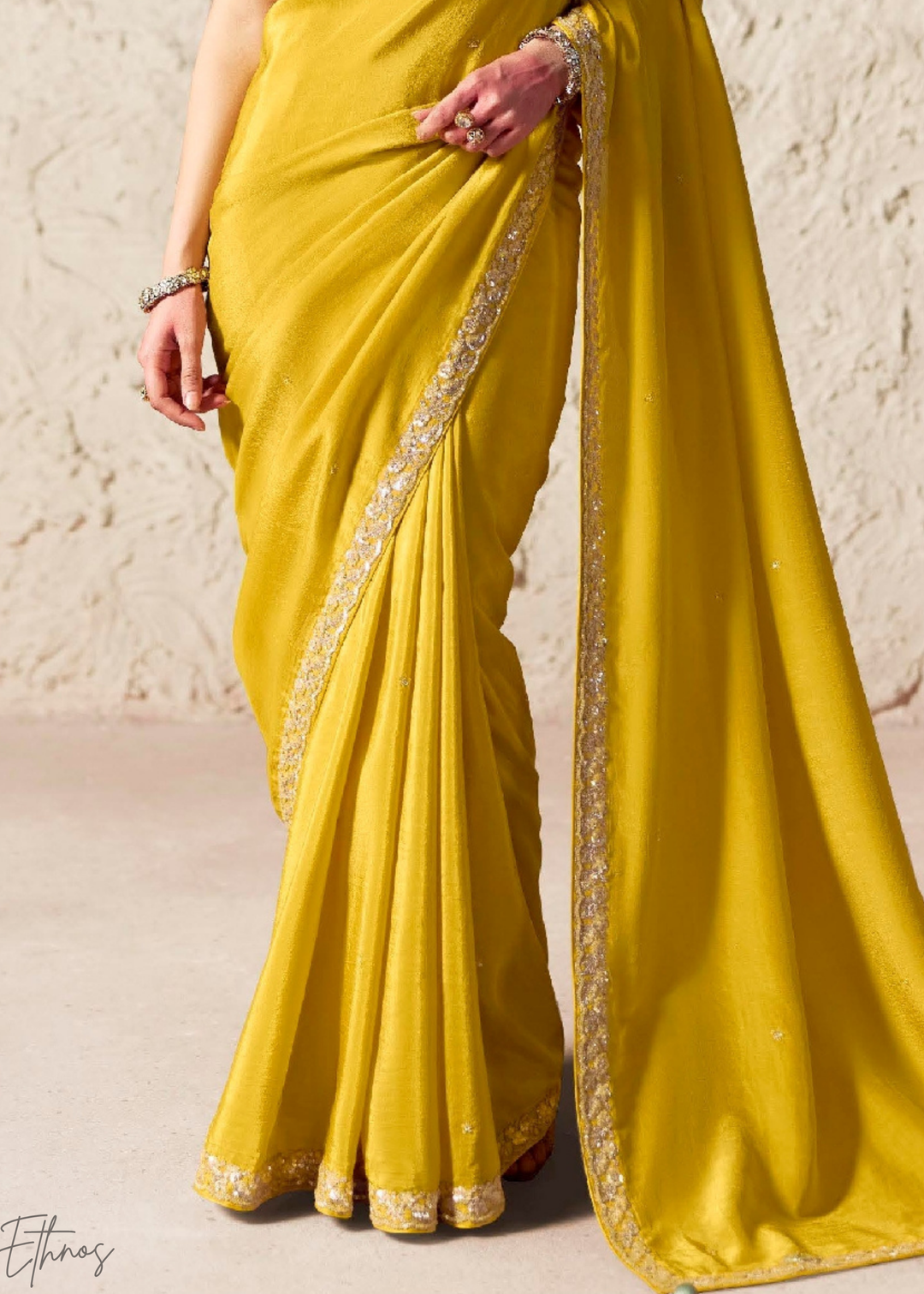 Lemon Yellow Embroidered Glass Tissue Designer Saree
