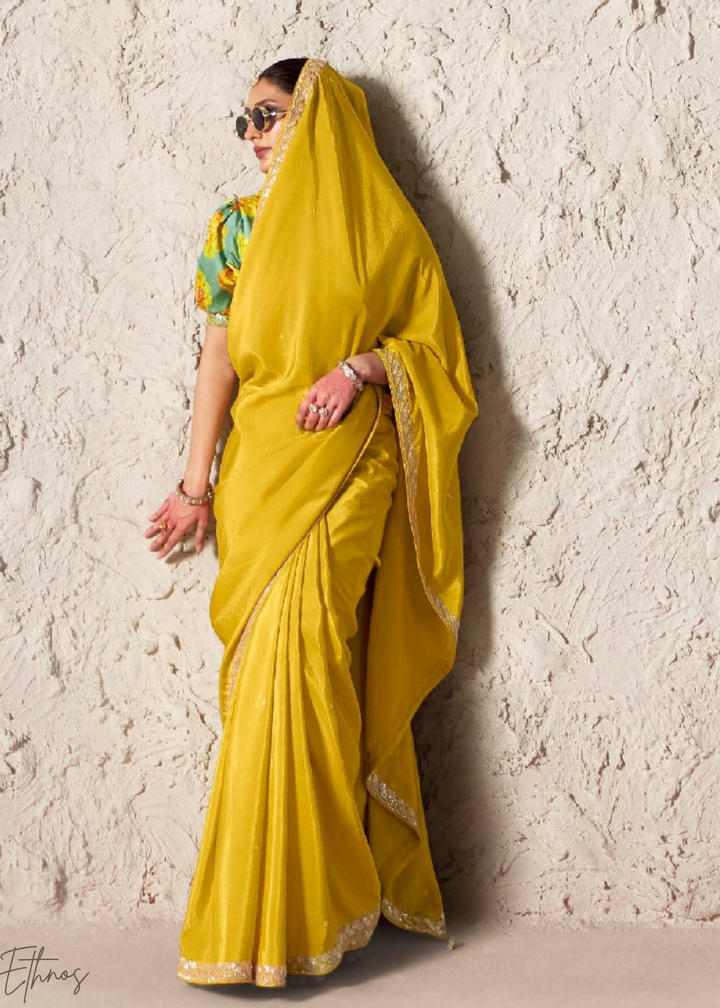 Lemon Yellow Embroidered Glass Tissue Designer Saree