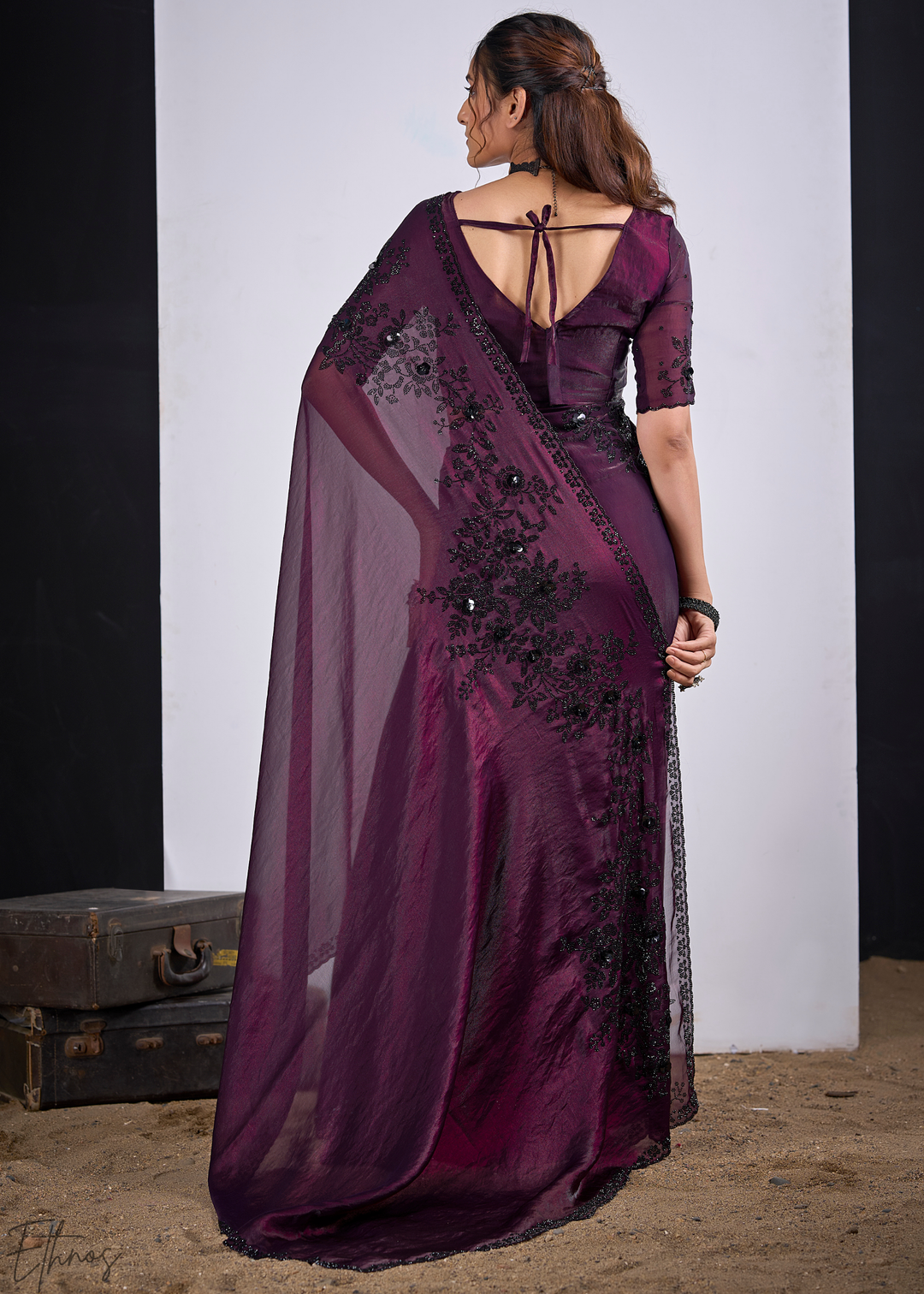 Lepidolite Plum Floral Swaroski Fendy Satin Silk Saree