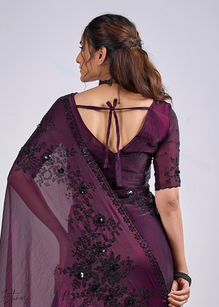 Lepidolite Plum Floral Swaroski Fendy Satin Silk Saree