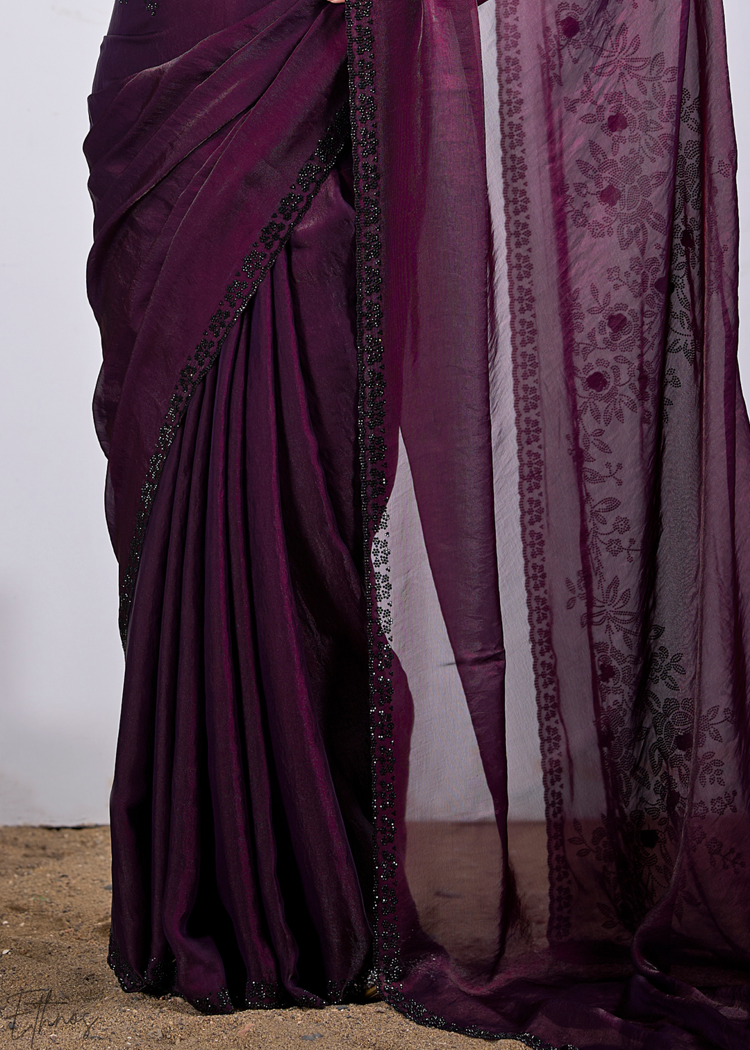 Lepidolite Plum Floral Swaroski Fendy Satin Silk Saree