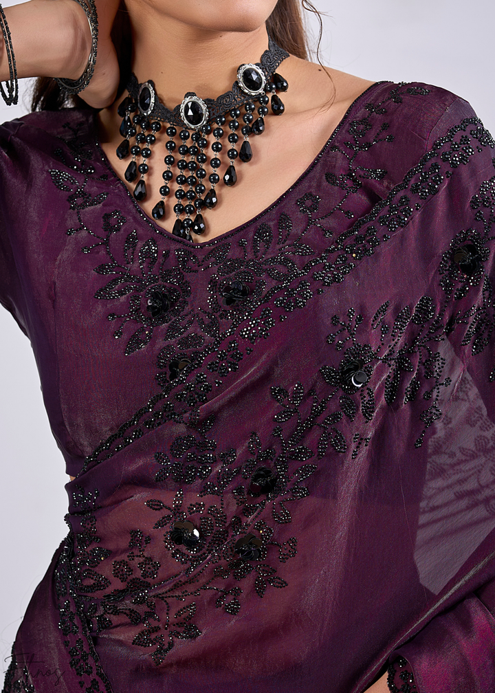 Lepidolite Plum Floral Swaroski Fendy Satin Silk Saree