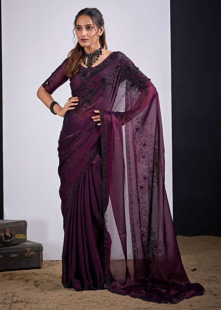 Lepidolite Plum Floral Swaroski Fendy Satin Silk Saree
