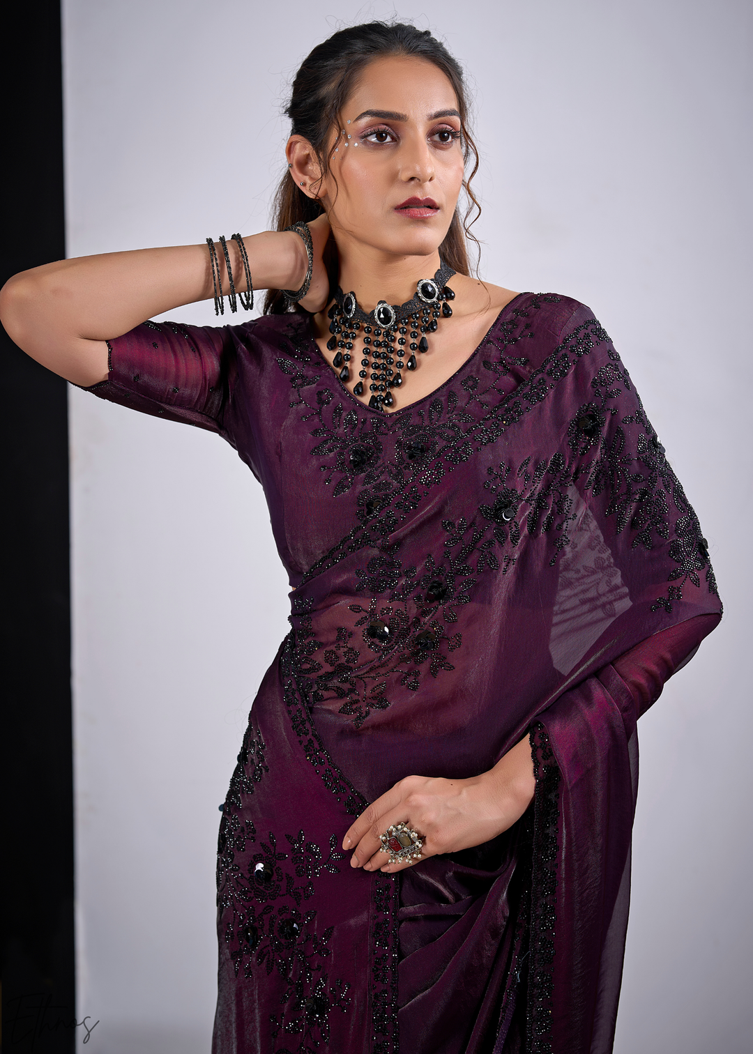 Lepidolite Plum Floral Swaroski Fendy Satin Silk Saree