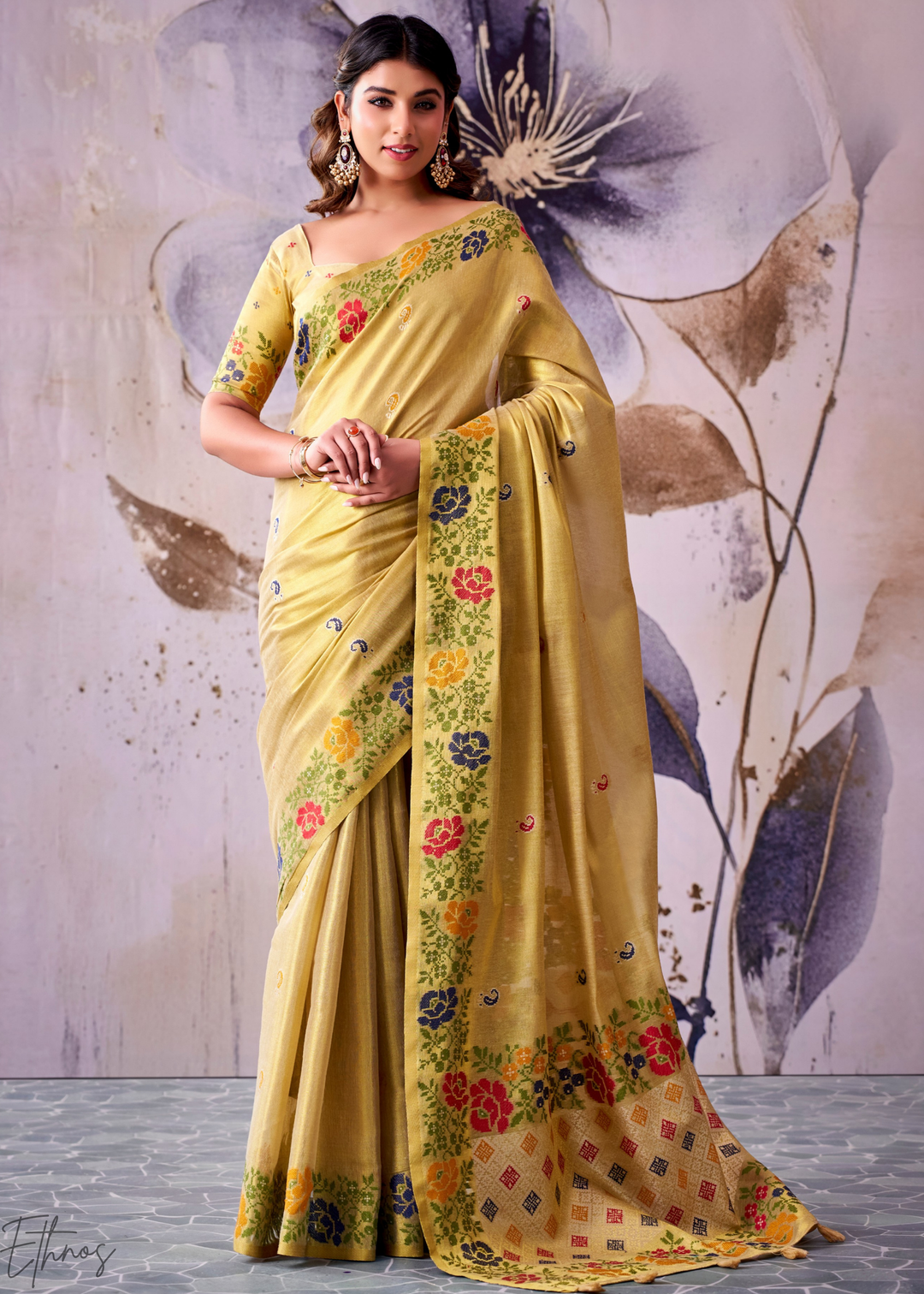 Light Gold Floral-Patola Pallu Tissue Silk Saree