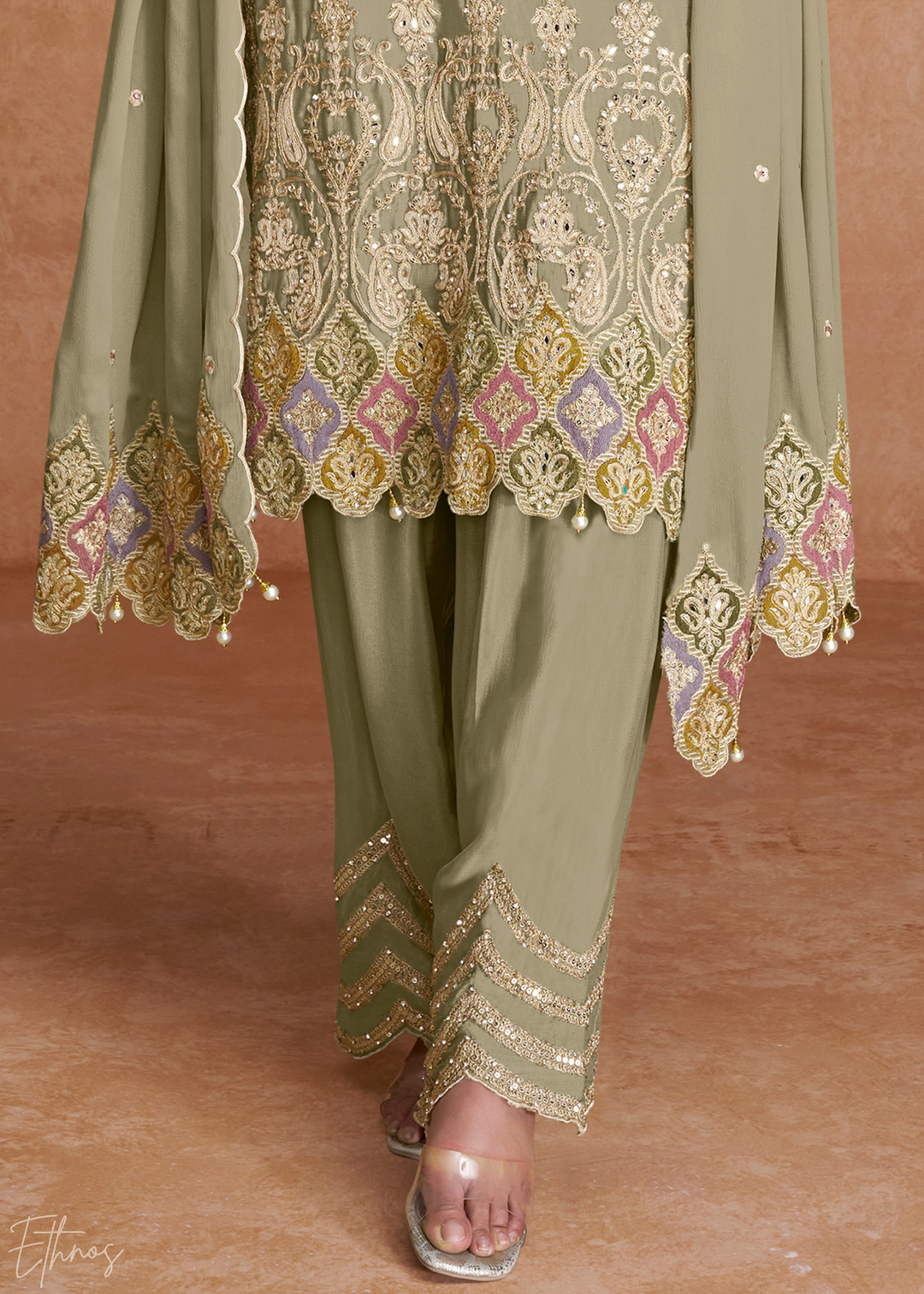 Light Green Embroidered Chinon Palazzo Suit