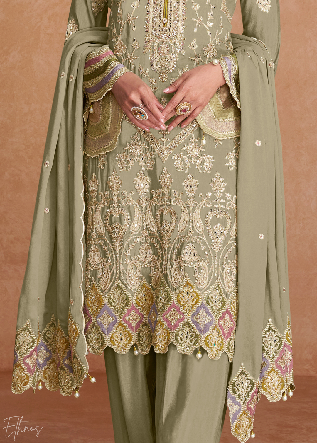 Light Green Embroidered Chinon Palazzo Suit