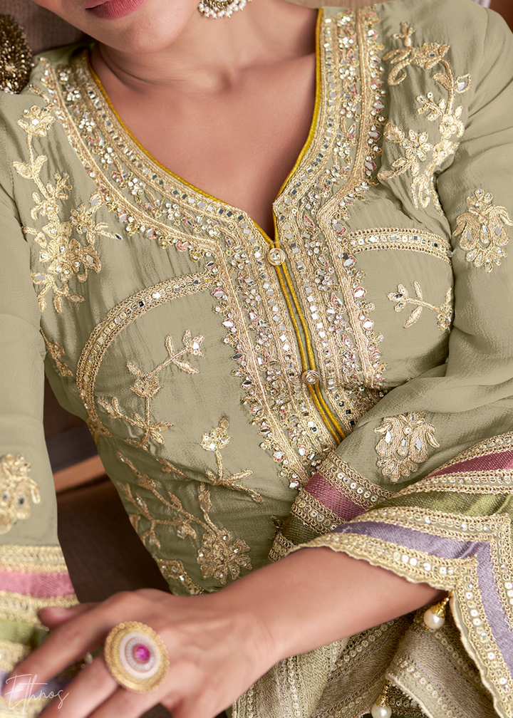 Light Green Embroidered Chinon Palazzo Suit