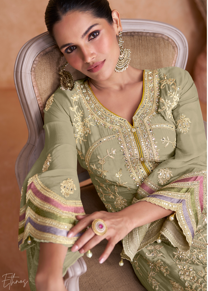 Light Green Embroidered Chinon Palazzo Suit