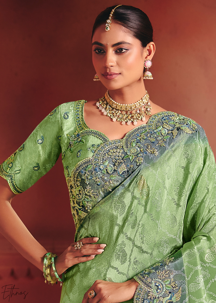 Light Green Floral Resham Silk Saree