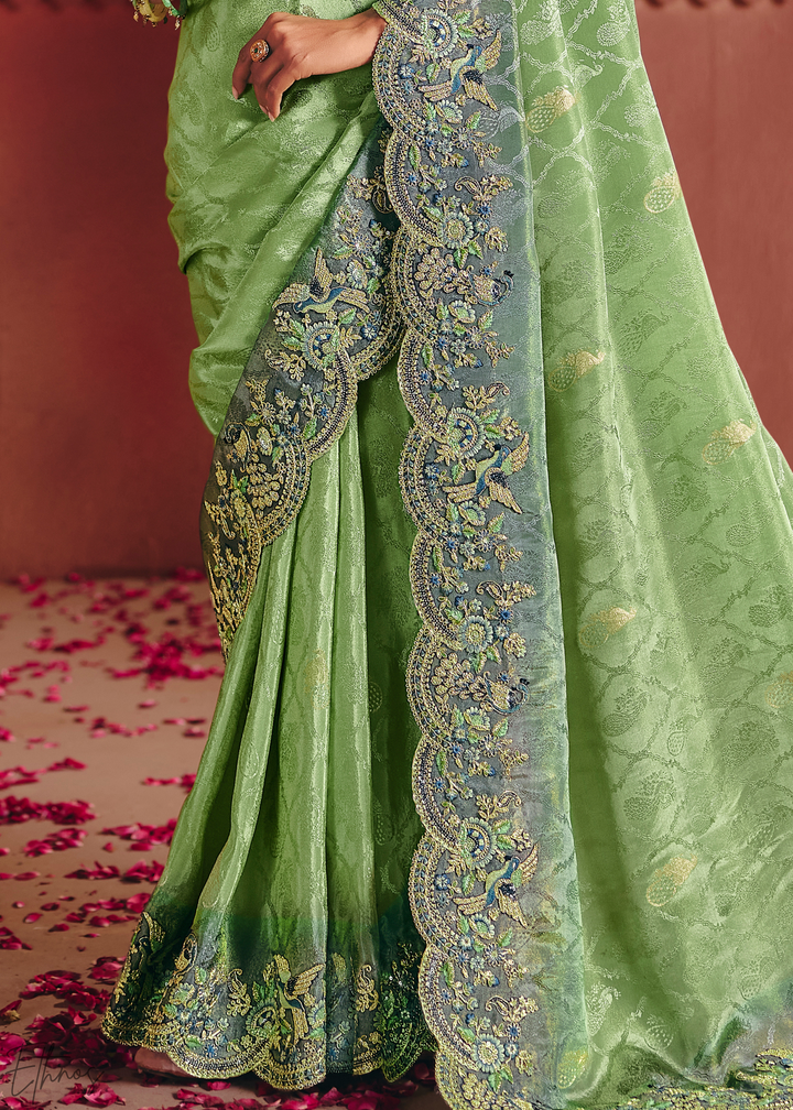 Light Green Floral Resham Silk Saree