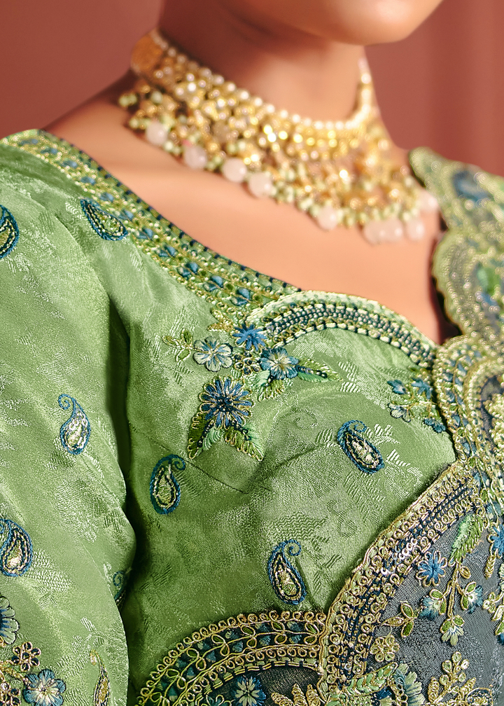 Light Green Floral Resham Silk Saree