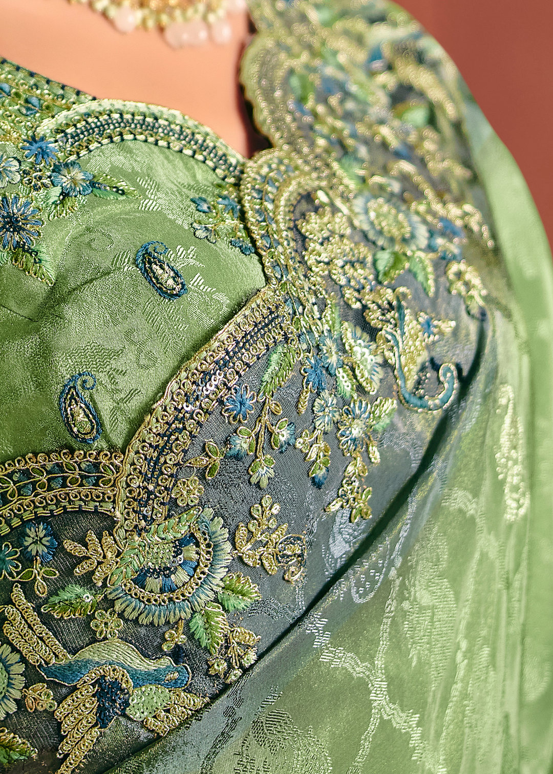 Light Green Floral Resham Silk Saree