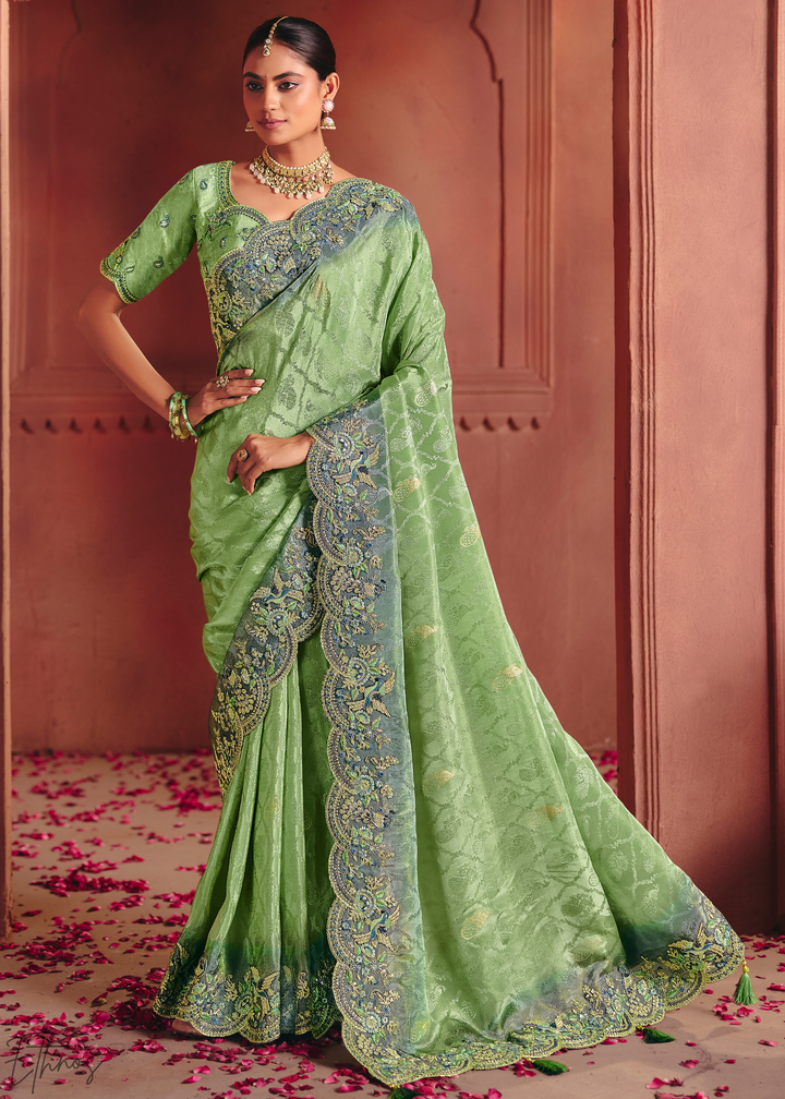 Light Green Floral Resham Silk Saree