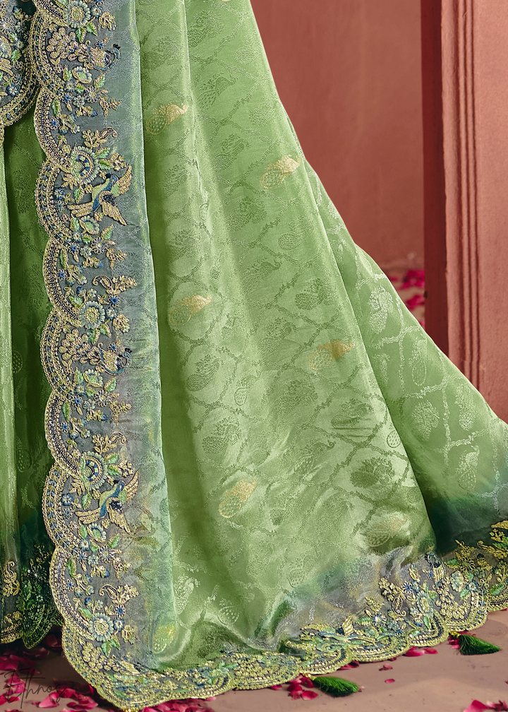 Light Green Floral Resham Silk Saree