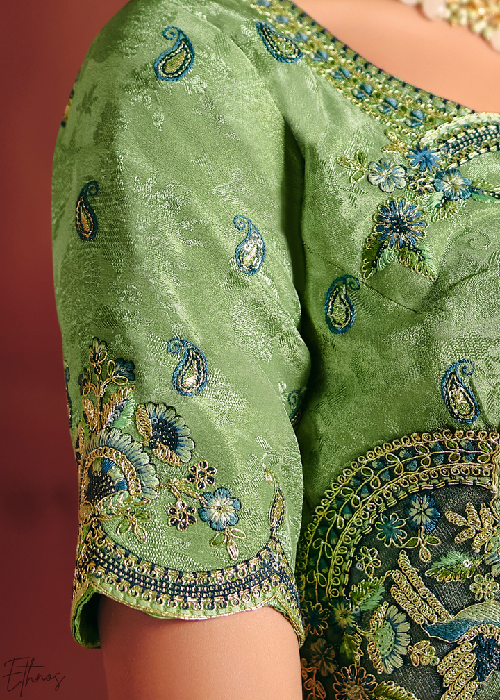 Light Green Floral Resham Silk Saree