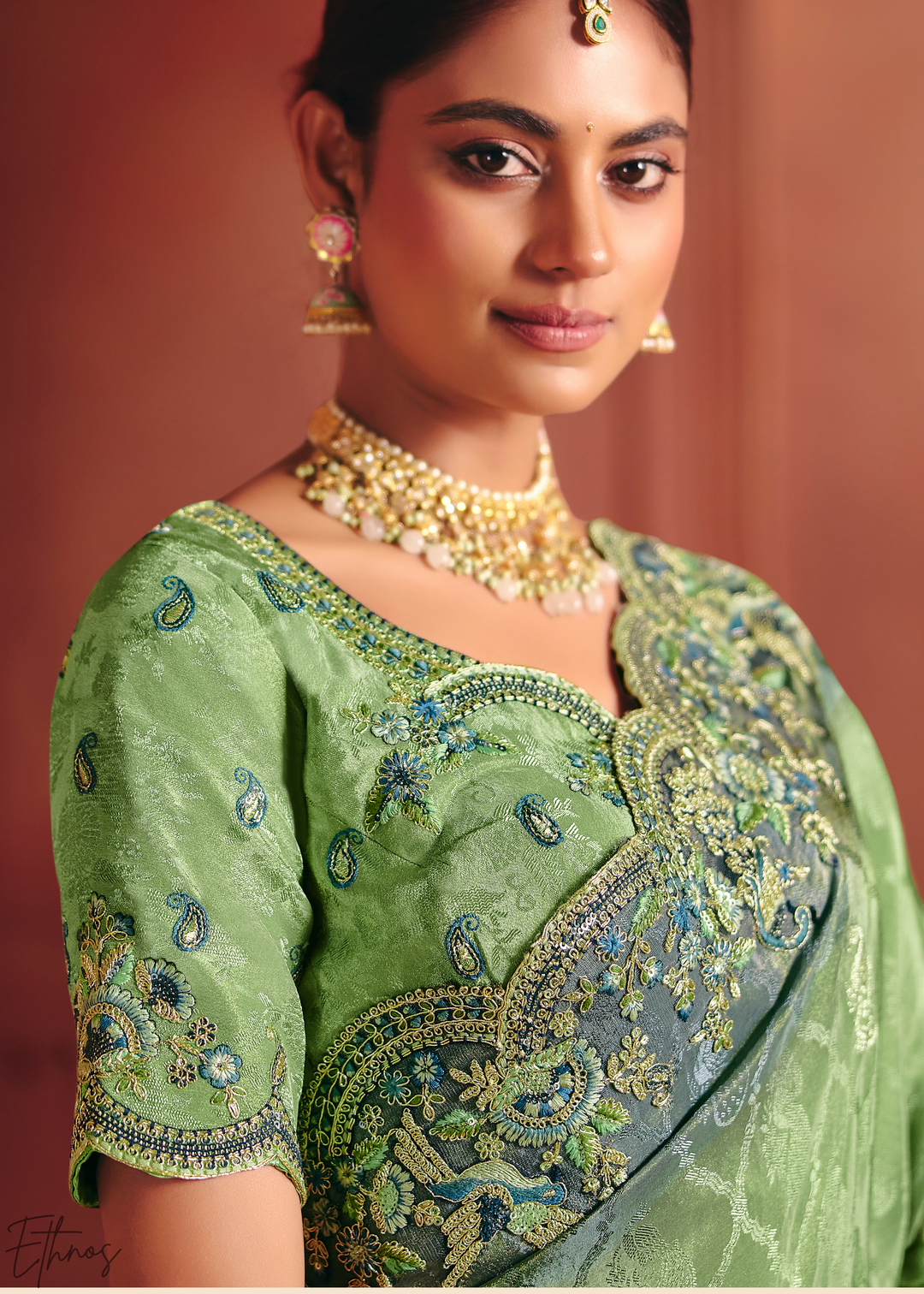 Light Green Floral Resham Silk Saree