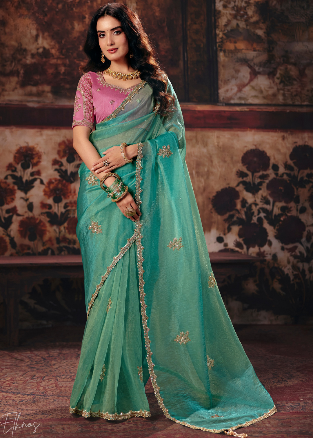 Light Mint Scattered Thread Organza Saree
