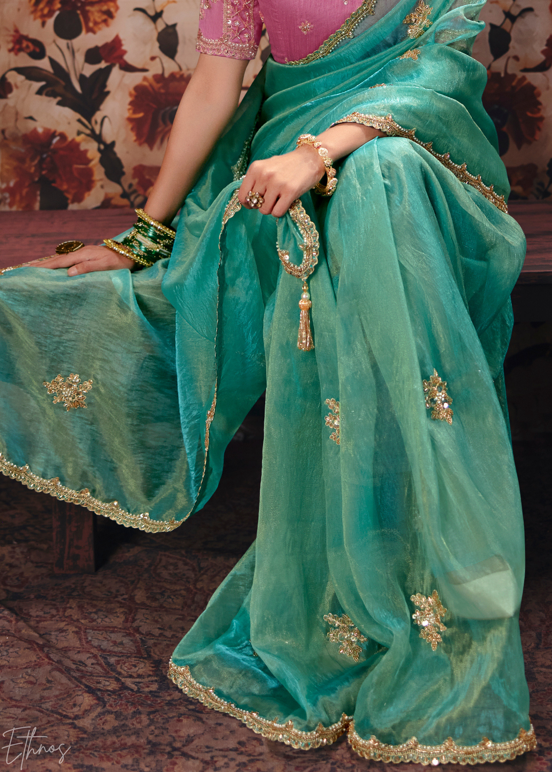 Light Mint Scattered Thread Organza Saree