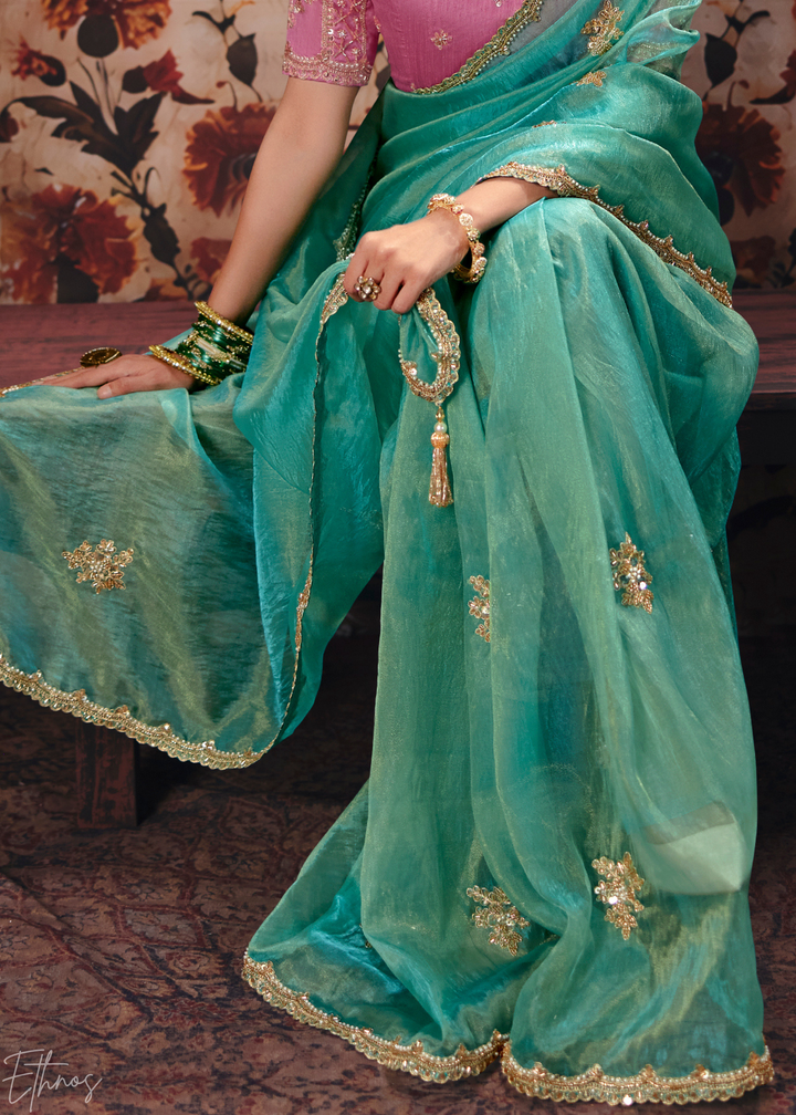 Light Mint Scattered Thread Organza Saree