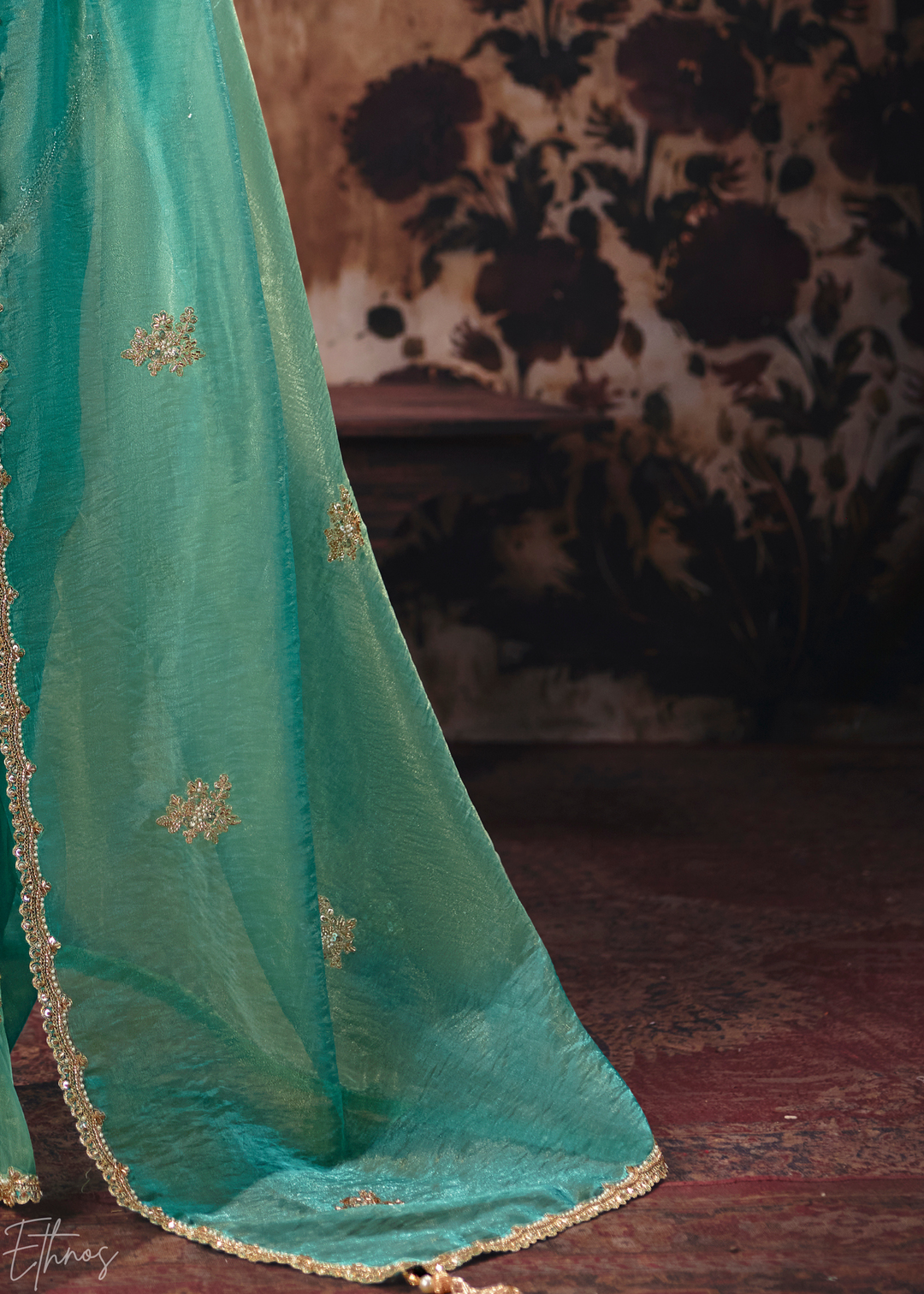 Light Mint Scattered Thread Organza Saree